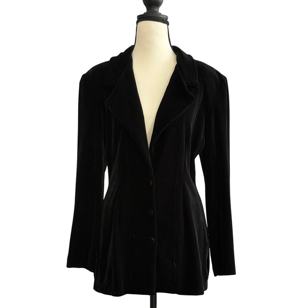 Y2K Vintage Bruno Duluc Black Velvet Fitted Blazer USA Shoulder Pads Jacket M